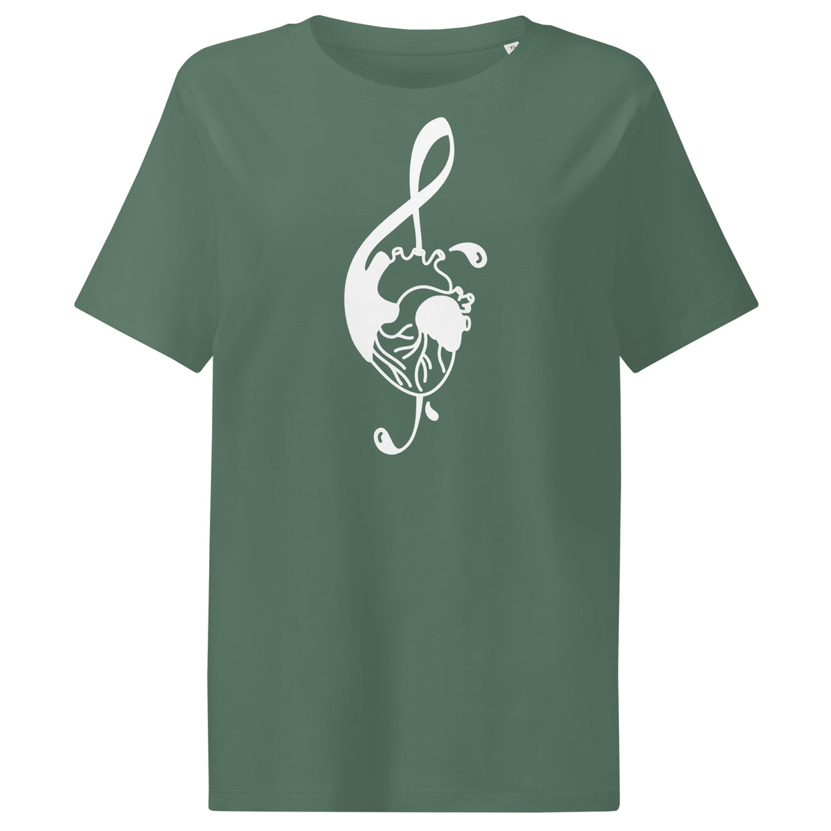 Damen-T-Shirt dunkelgrün, weißes Katzen-Noten-Motiv