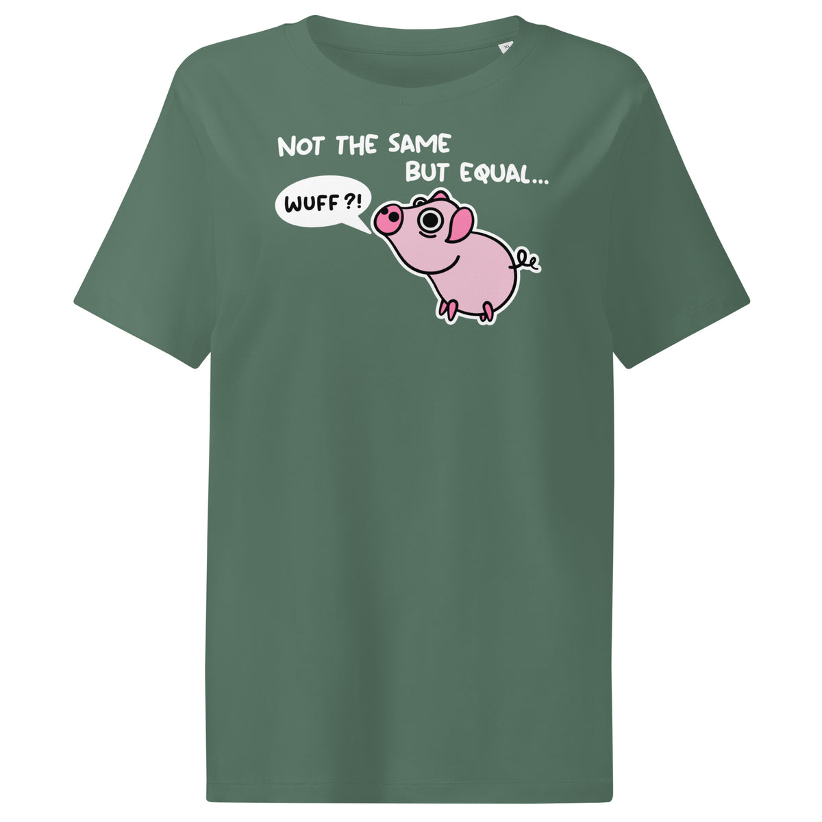 Damen-T-Shirt dunkelgrün mit rosa Schweinchen-Print und Schriftzug „Not the same but equal“
