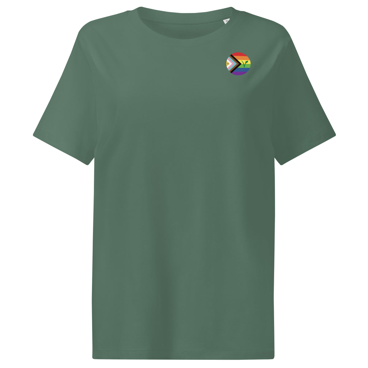 Damen-T-Shirt aus Baumwolle, grüner Ton, Rundhalsausschnitt, kleiner Brustaufdruck