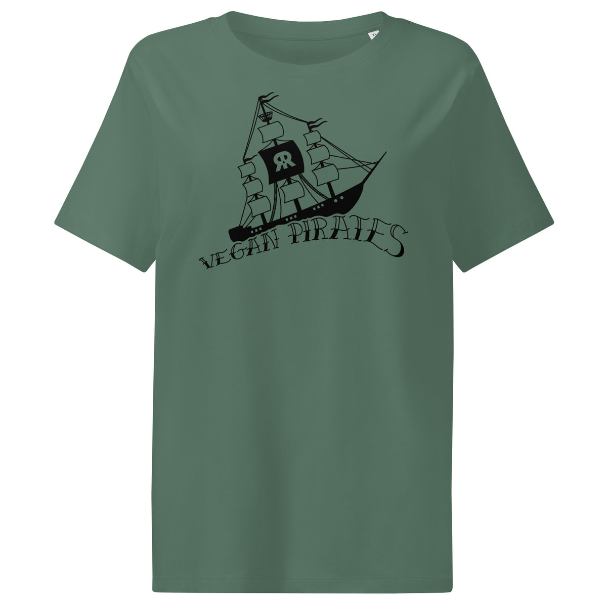 Dunkelgrünes Damen-T-Shirt mit Piratengrafik und Schriftzug „Vegan Pirates“