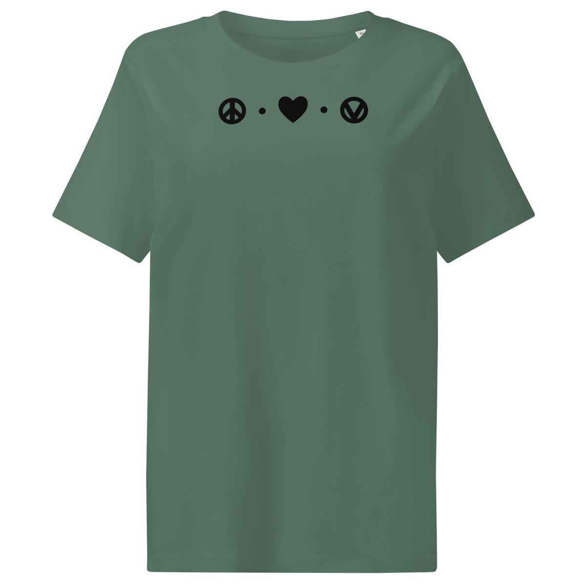 Damen-T-Shirt dunkelgrün mit Peace-Heart- und Vegan-Symbol-Print