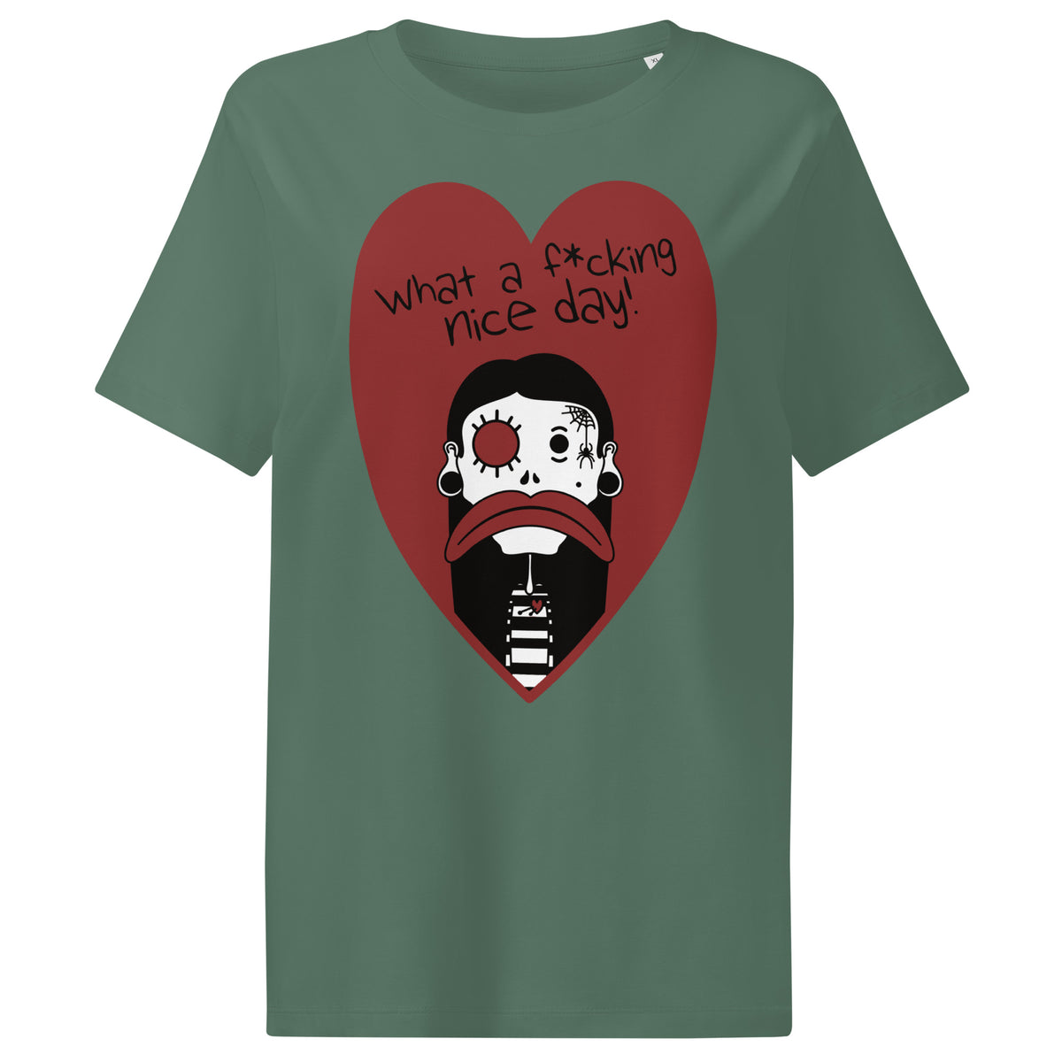 Damen-T-Shirt in Grün mit Front-Print: rotes Dreieck mit Gesicht und Textgrafik