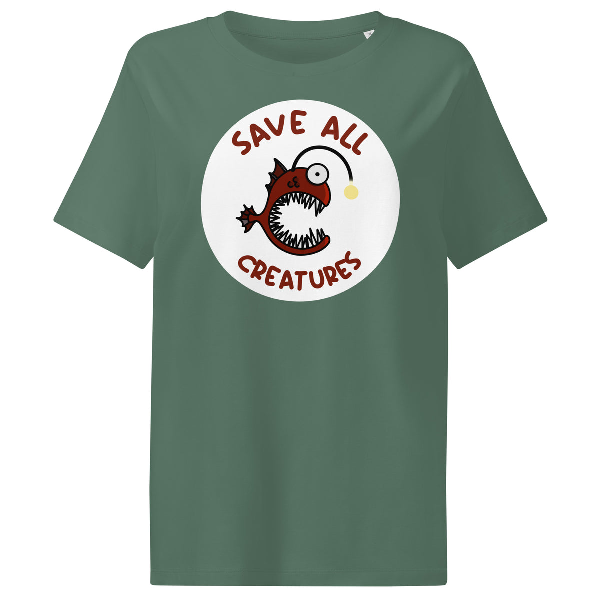 Dunkelgrünes Damen-T-Shirt: Froschfisch-Print im Kreis, „Save All Creatures“