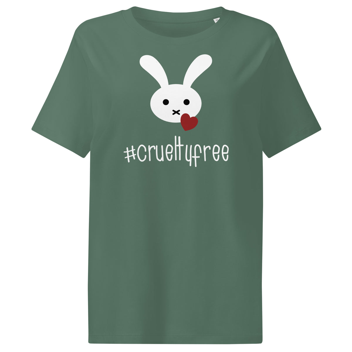 Damen-T-Shirt, grünes Kurzarmshirt mit Hasenmotiv und #crueltyfree-Schriftzug