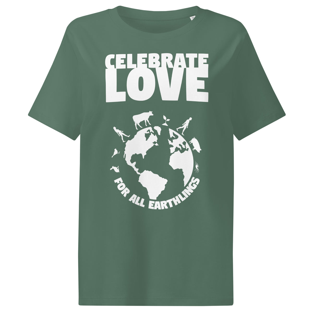 Grünes Damen-T-Shirt mit weißem „CELEBRATE LOVE“-Print und Erd-Design