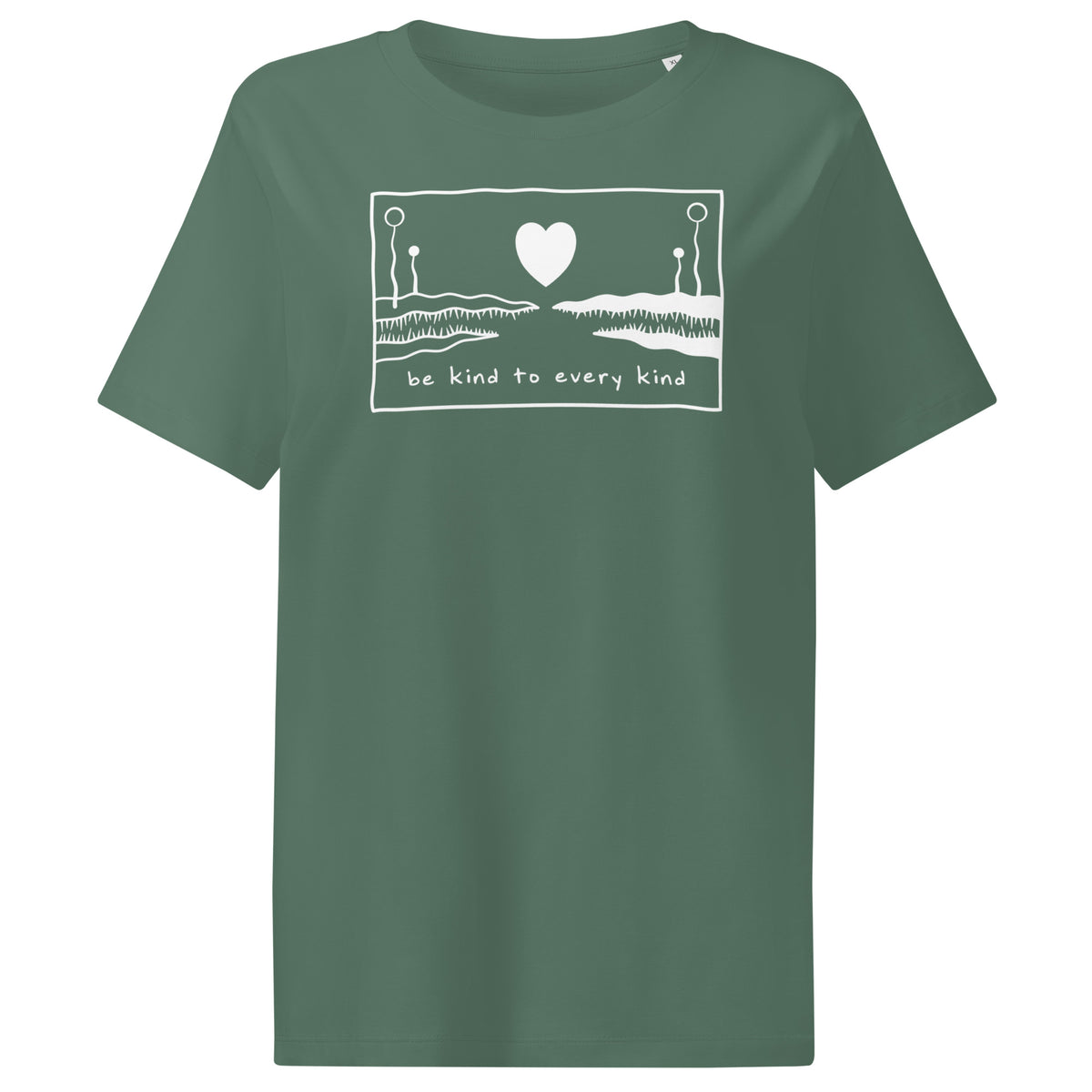 Damen-T-Shirt in grünlichem Ton mit Frontmotiv und Schriftzug „Be kind to every kind“