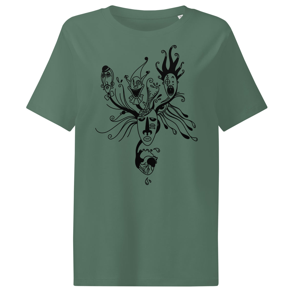 Dunkelgrünes Damen-T-Shirt mit schwarzem Masken-Illustrationsmotiv auf der Brust