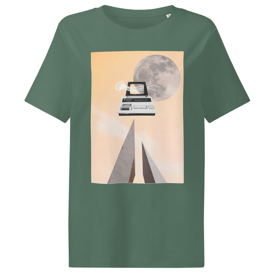 Damen-T-Shirt in dunklem Grün mit großem quadratischem Grafikdruck auf der Brust