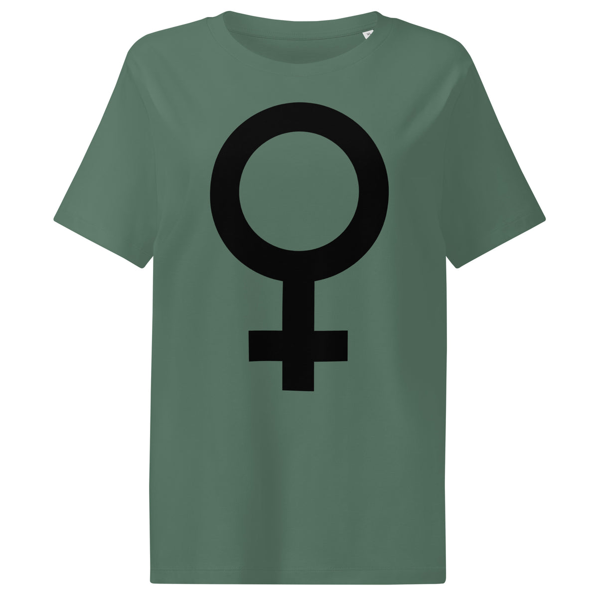 Damen-T-Shirt dunkelgrün mit schwarzem Kreis-und-Symbolmotiv auf der Vorderseite