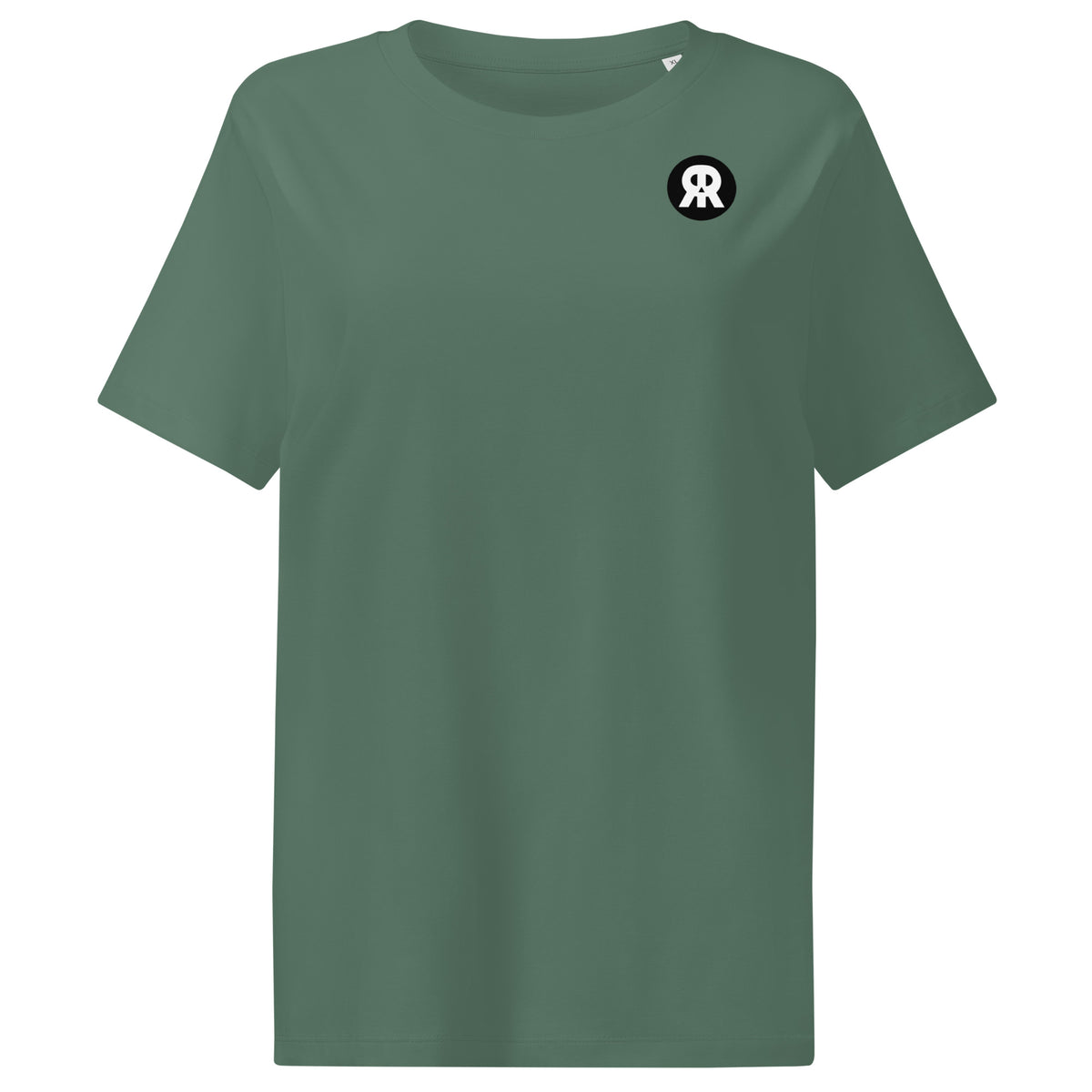 Dunkelgrünes Damen-T-Shirt mit Rundhalsausschnitt, kurzen Ärmeln und kleinem schwarzem Brustdruck