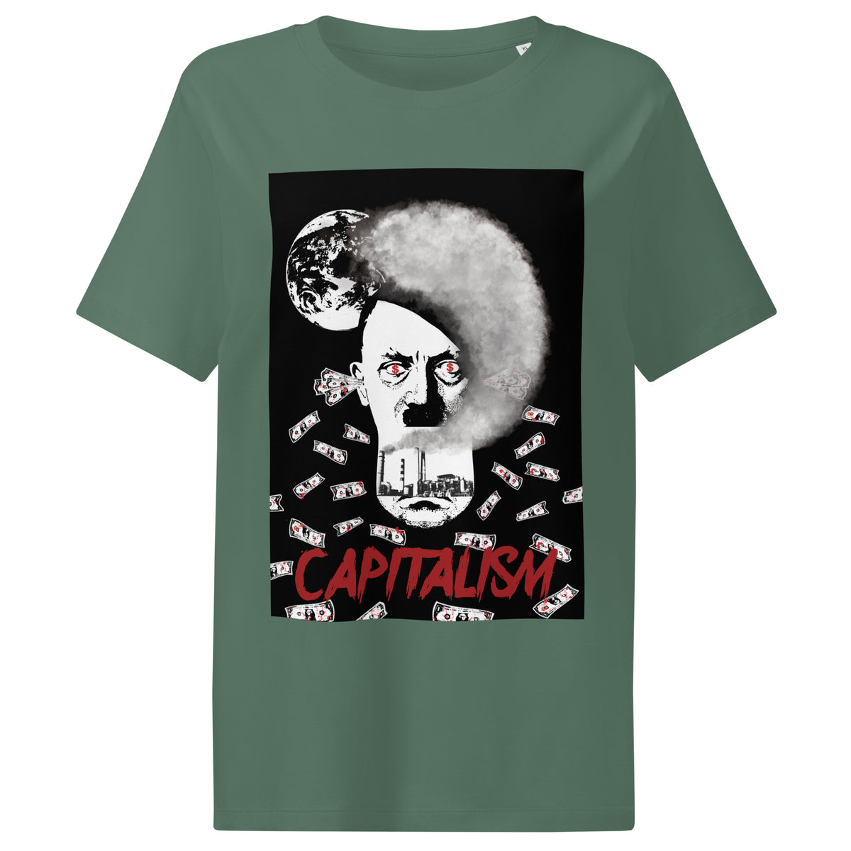 Damen-T-Shirt in Grün mit Frontaufdruck „CAPITALISM“ und Porträtgrafik