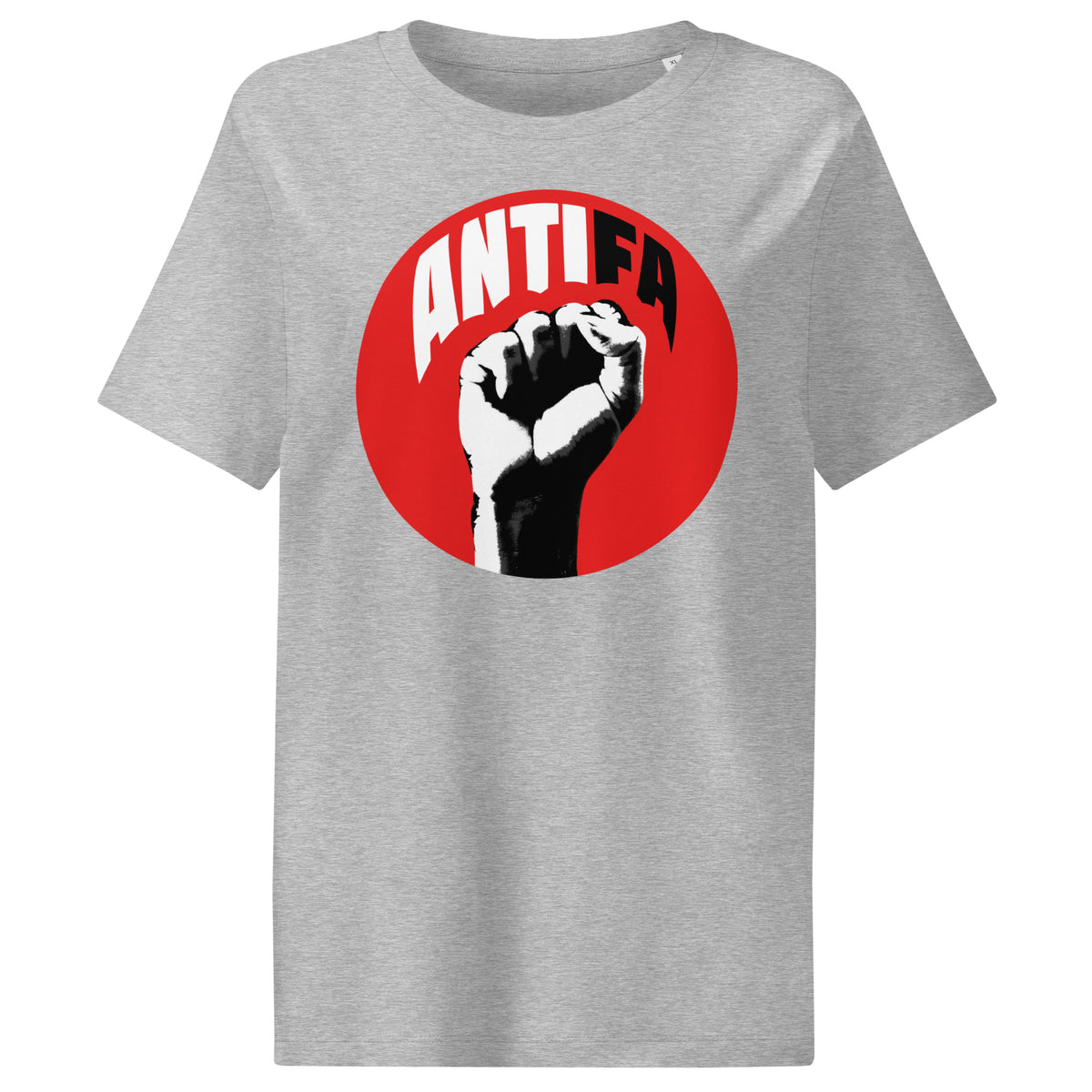 Damen-T-Shirt grau meliert, rundes ANTIFA-Logo mit Faustdruck