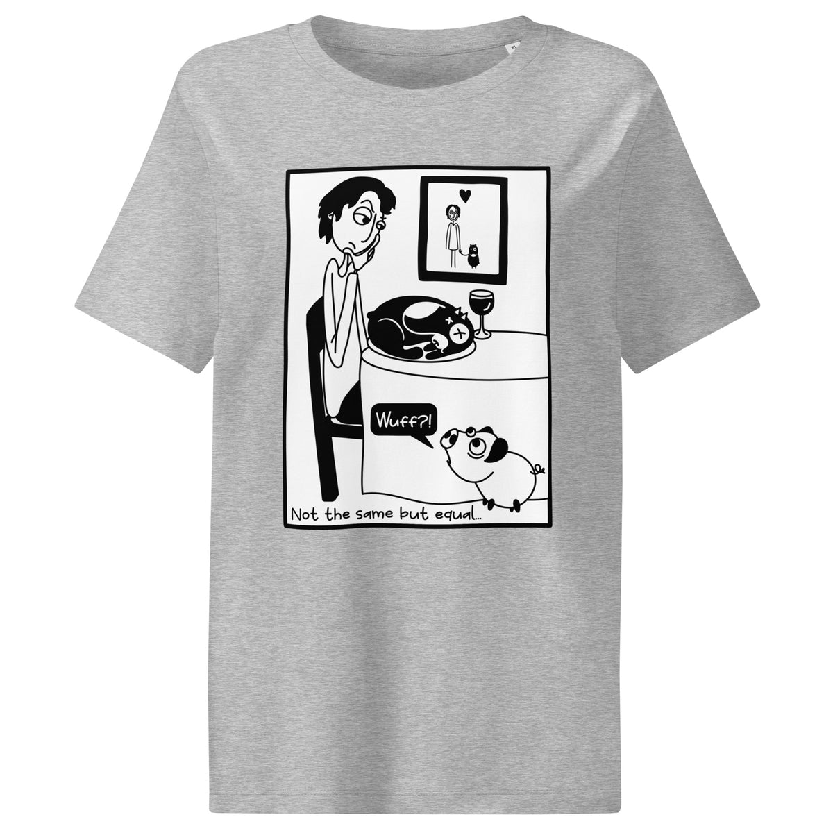 Damen-T-Shirt Heather Grau mit großem Comic-Motiv „Nicht the same but equal“.