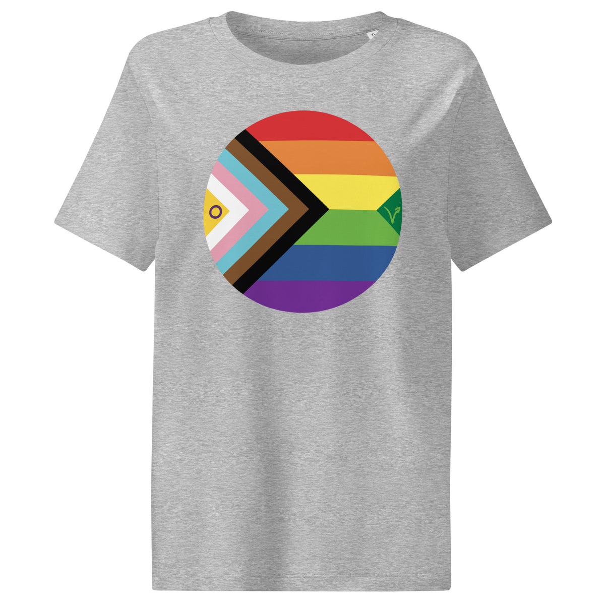 Veganes Bio Damen-T-Shirt, grau meliert, mit rundem Regenbogen-Brustmotiv