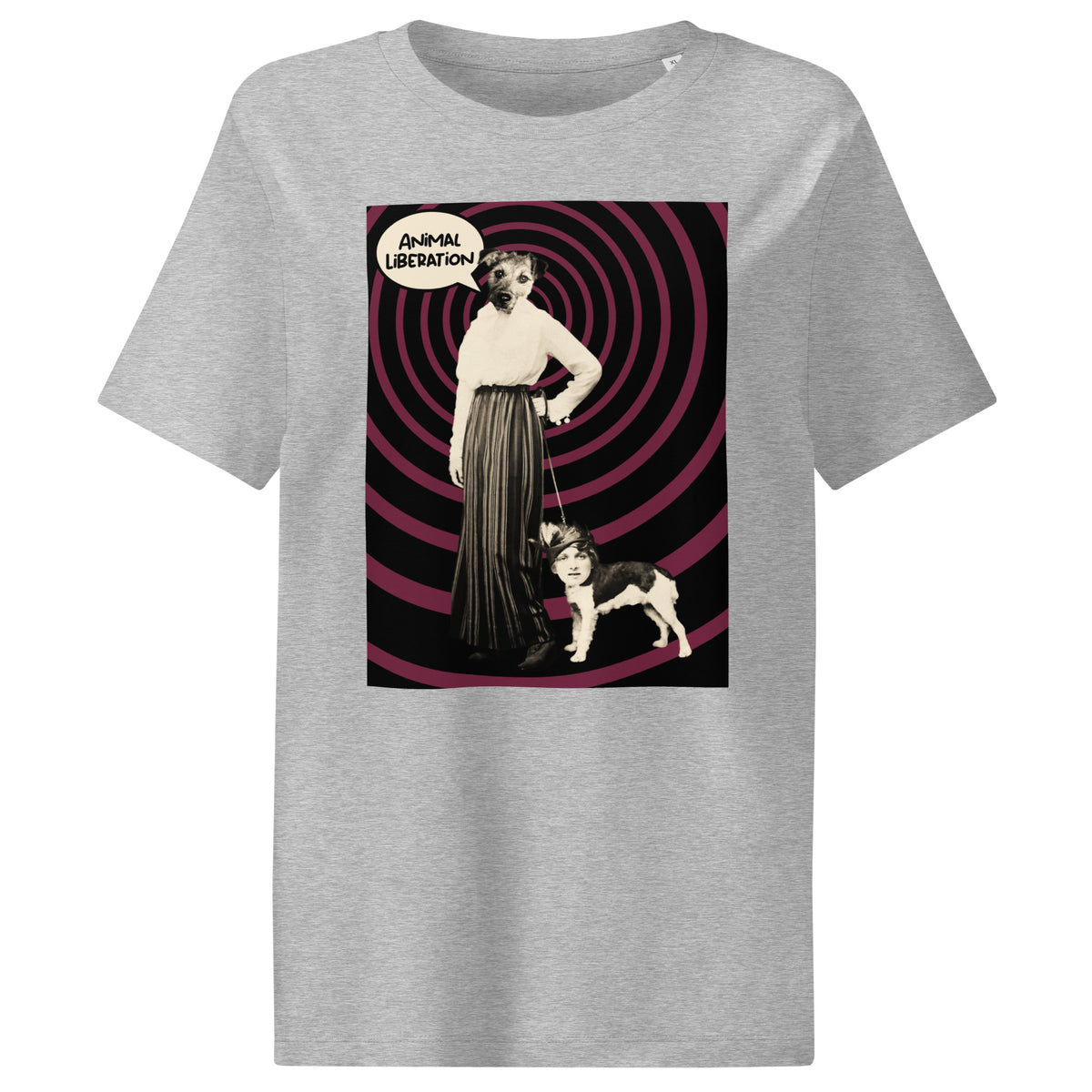 Damen-T-Shirt Heather Grau mit großem Print „Animal Liberation“ (Hund & Figur)