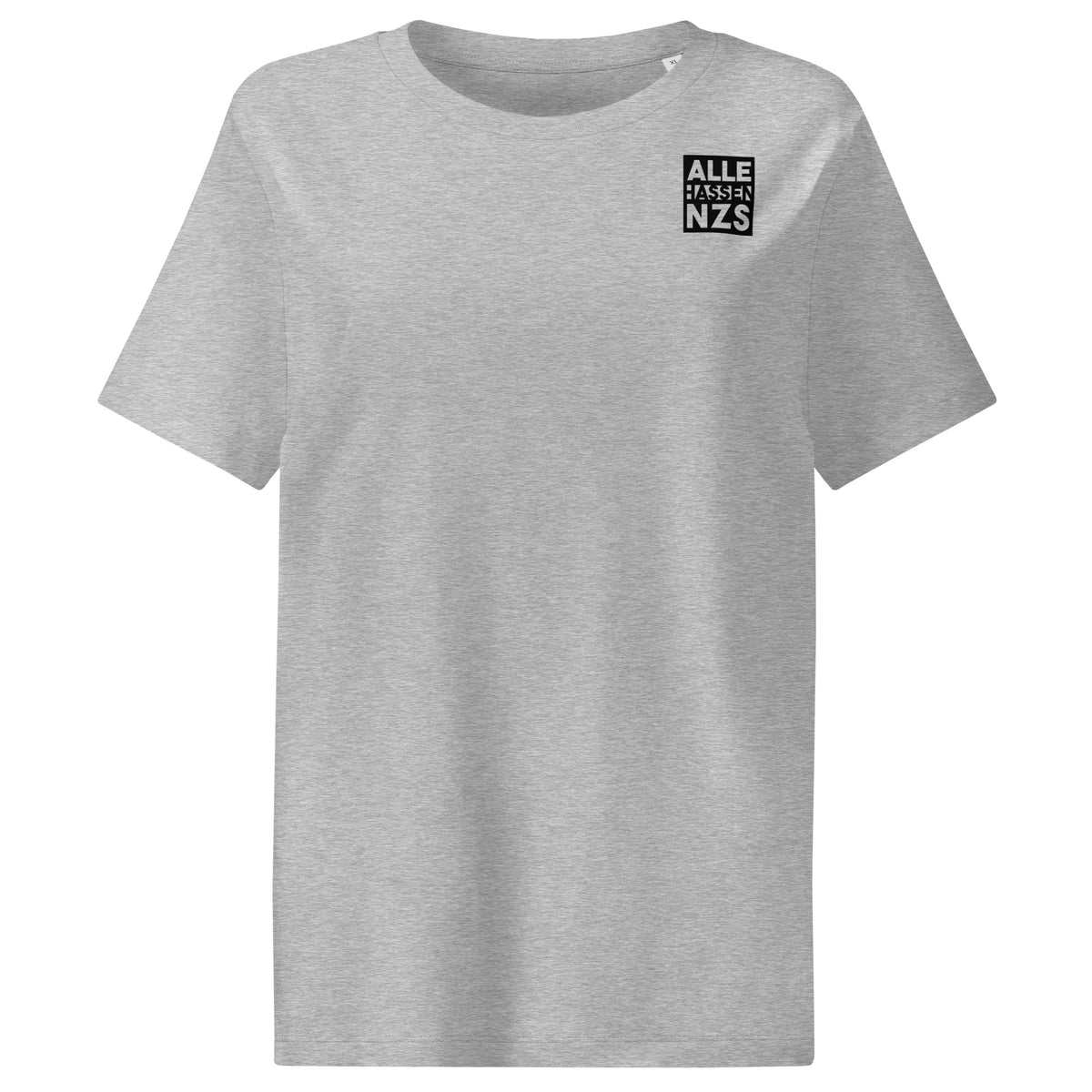 Veganes Bio Damen-T-Shirt, graumeliert, mit Brustprint „ALLE HASSEN NZS“