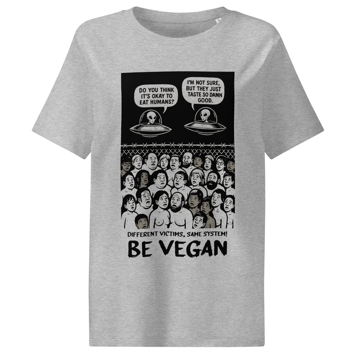 Damen-T-Shirt, Heather-Grau, Frontprint „BE VEGAN“ mit Alien-Motiven