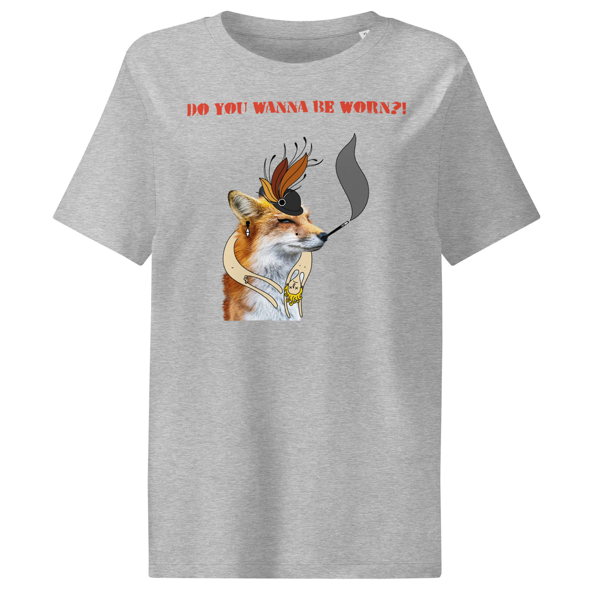 Grau meliertes Damen-T-Shirt mit Fuchs-Comicprint und „DO YOU WANNA BE WORN?!“