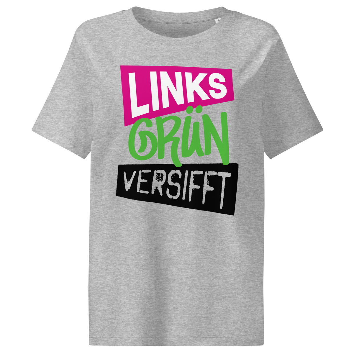 Damen-T-Shirt grau mit mehrfarbigem „LINKS GRÜN VERSIFFT“-Print