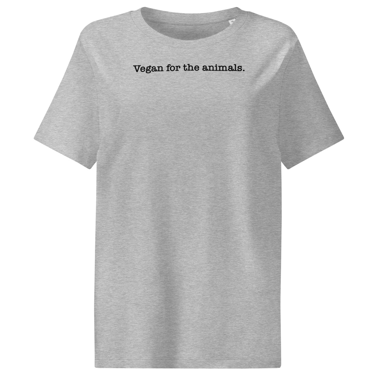 Damen-T-Shirt, meliert grau, Rundhalsausschnitt, kurzer Ärmel, Aufdruck „Vegan for the animals.“