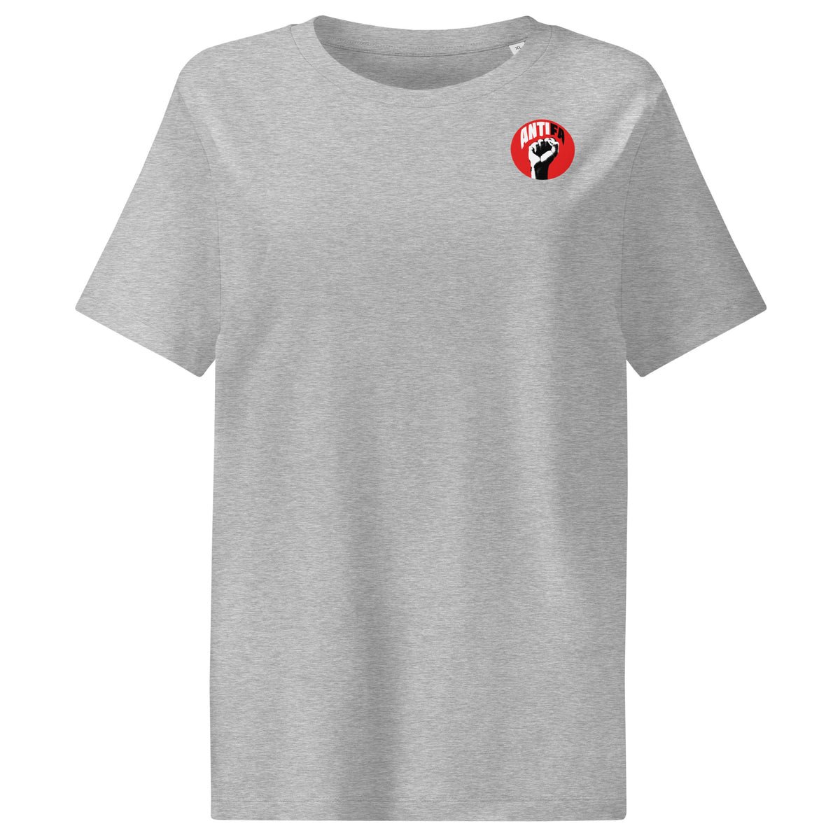 Damen-T-Shirt, meliert grau, Rundhalsausschnitt, kleiner ANTIFA-Aufnäher vorn