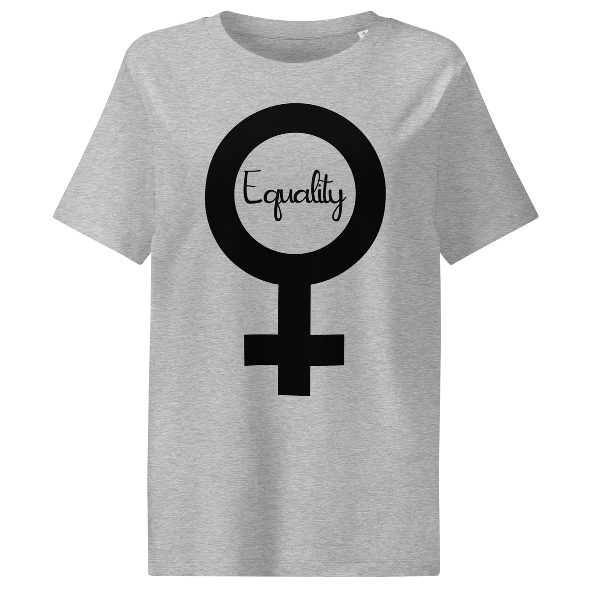 Grau meliertes Damen-T-Shirt mit großem schwarzem Symbol und Schriftzug „Equality“