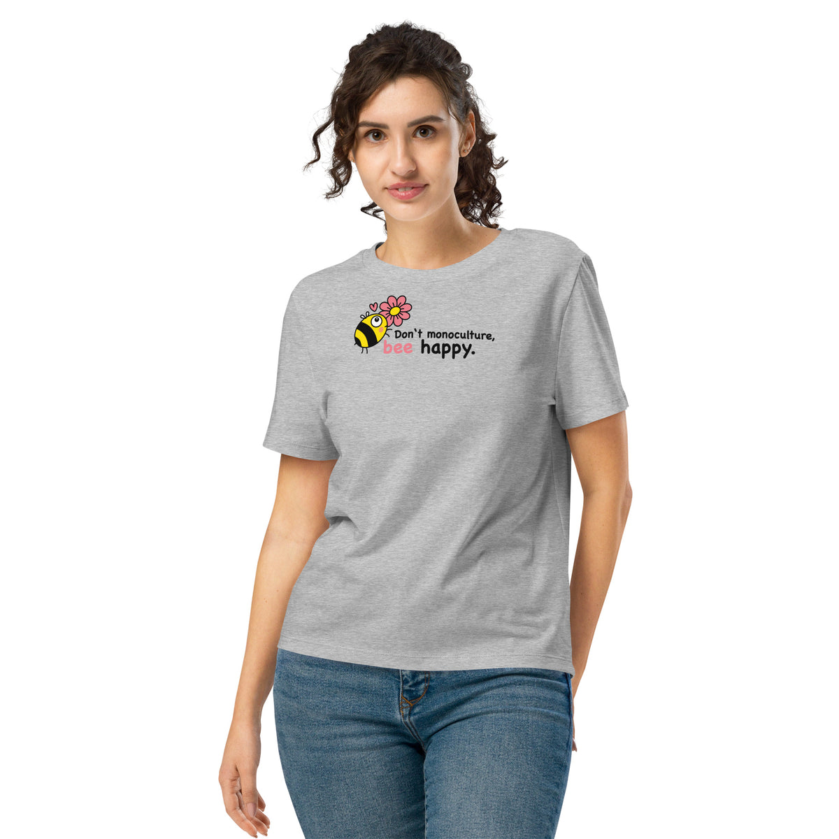 Damen-T-Shirt in Grau mit Bienen-Print, rundem Halsausschnitt und kurzen Ärmeln