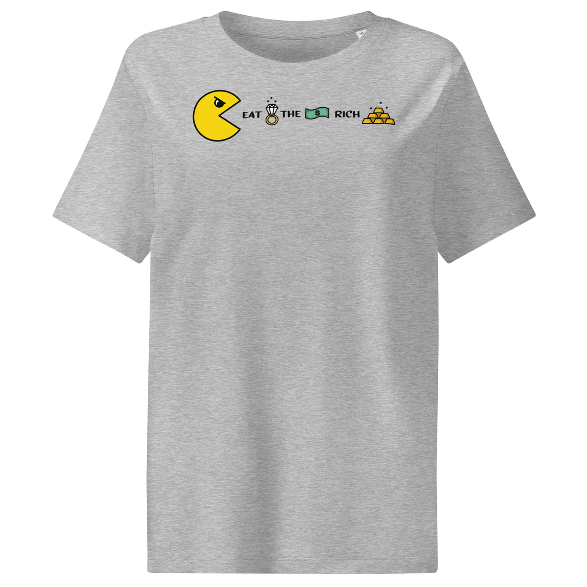 Damen-T-Shirt, grau meliert, Frontprint mit PAC Man und „EAT THE RICH“