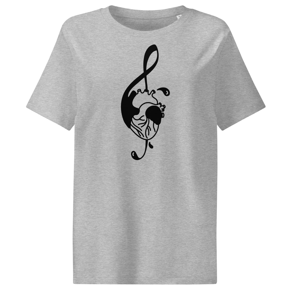 Grau meliertes Damen-T-Shirt mit schwarzem Musiknoten-Katzenkopf-Print
