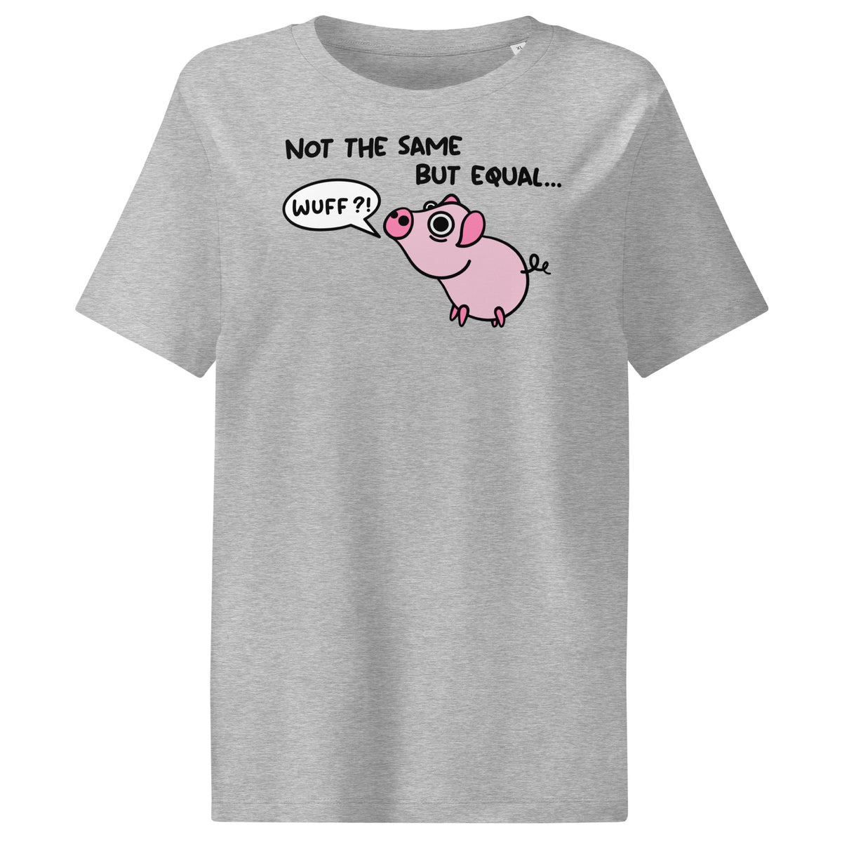 Grau meliertes Damen-T-Shirt mit Rundhalsausschnitt und Ferkel-Comic-Print auf der Brust