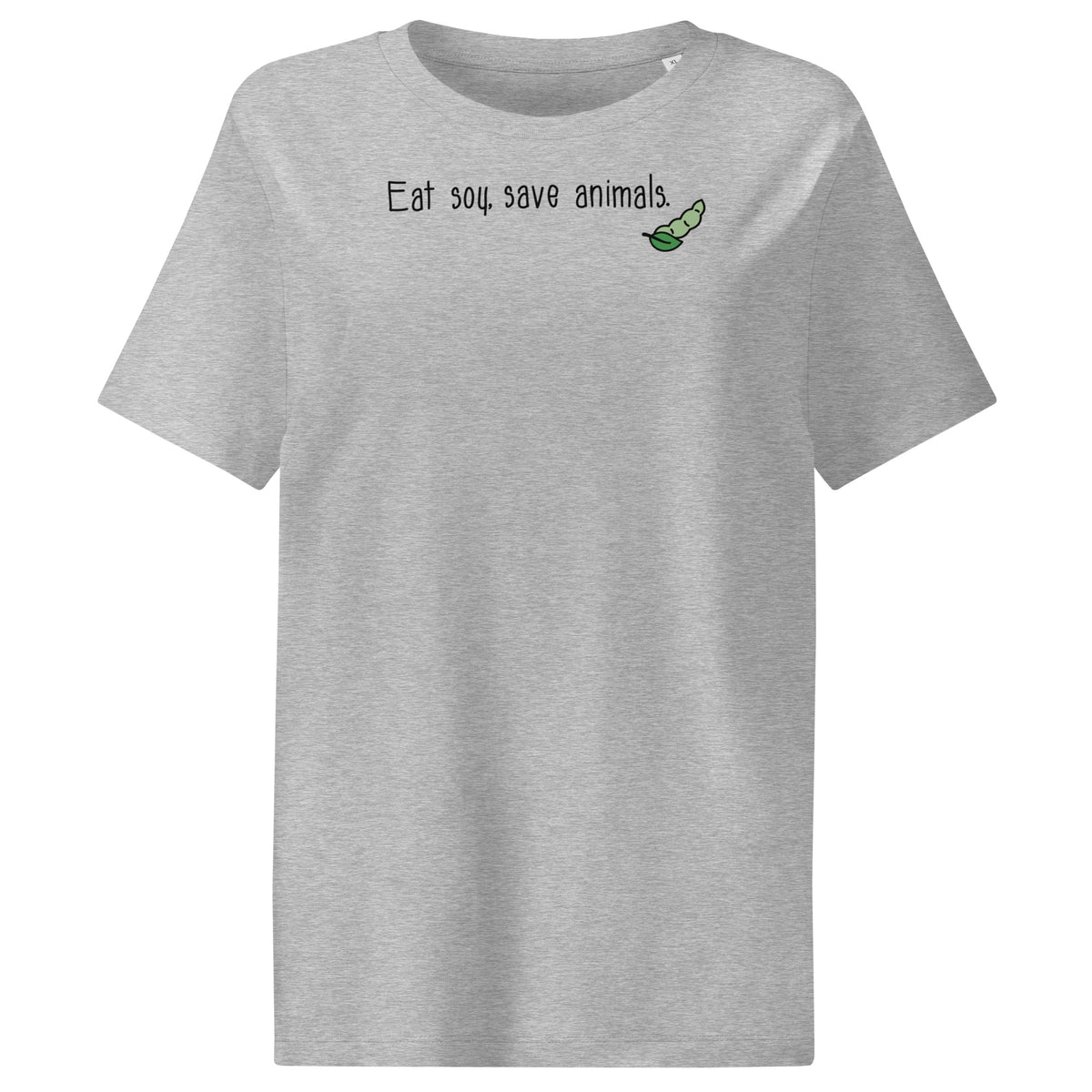 Graumeliertes Damen-T-Shirt mit Aufdruck „Eat soy, save animals“ und grünem Schildkröten-Icon