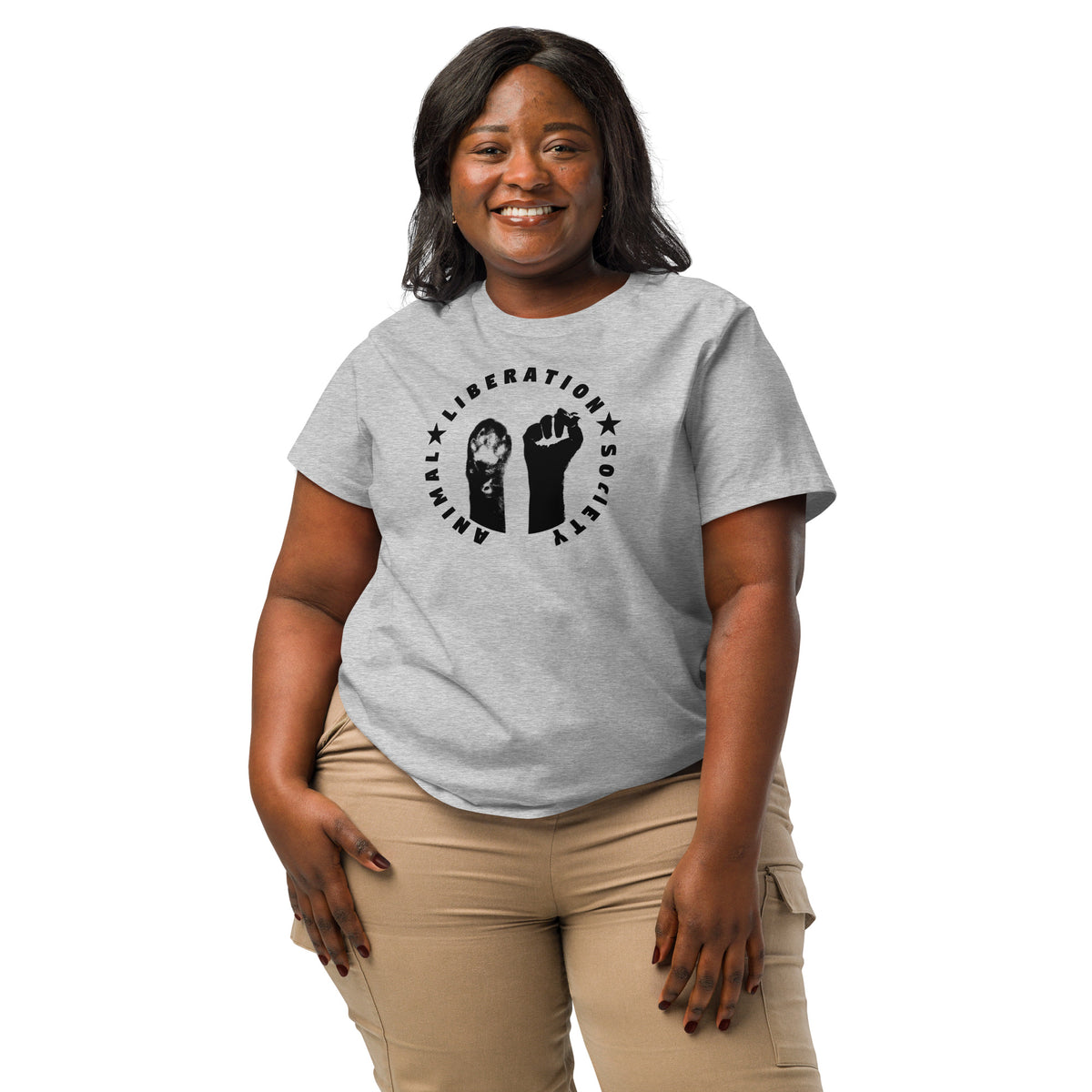 Graues Damen-T-Shirt mit Rundhalsausschnitt und großem Kreisaufdruck, erhobene Faust & Pfote.