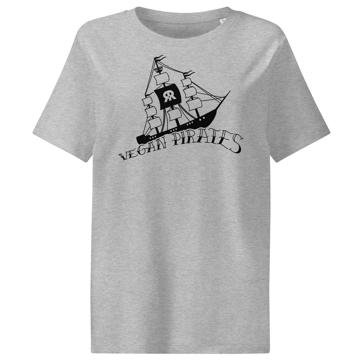 Graues Damen-T-Shirt mit Piratengrafik und Schriftzug „Vegan Pirates“