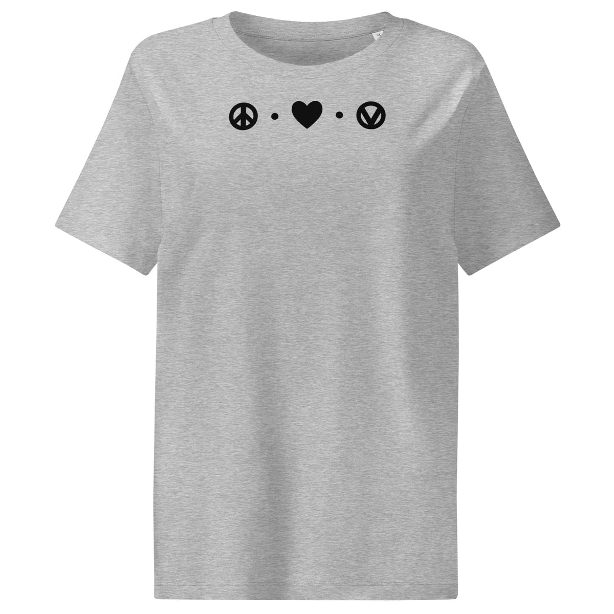 Damen-T-Shirt grau meliert mit Peace-Heart- und Vegan-Symbol-Print