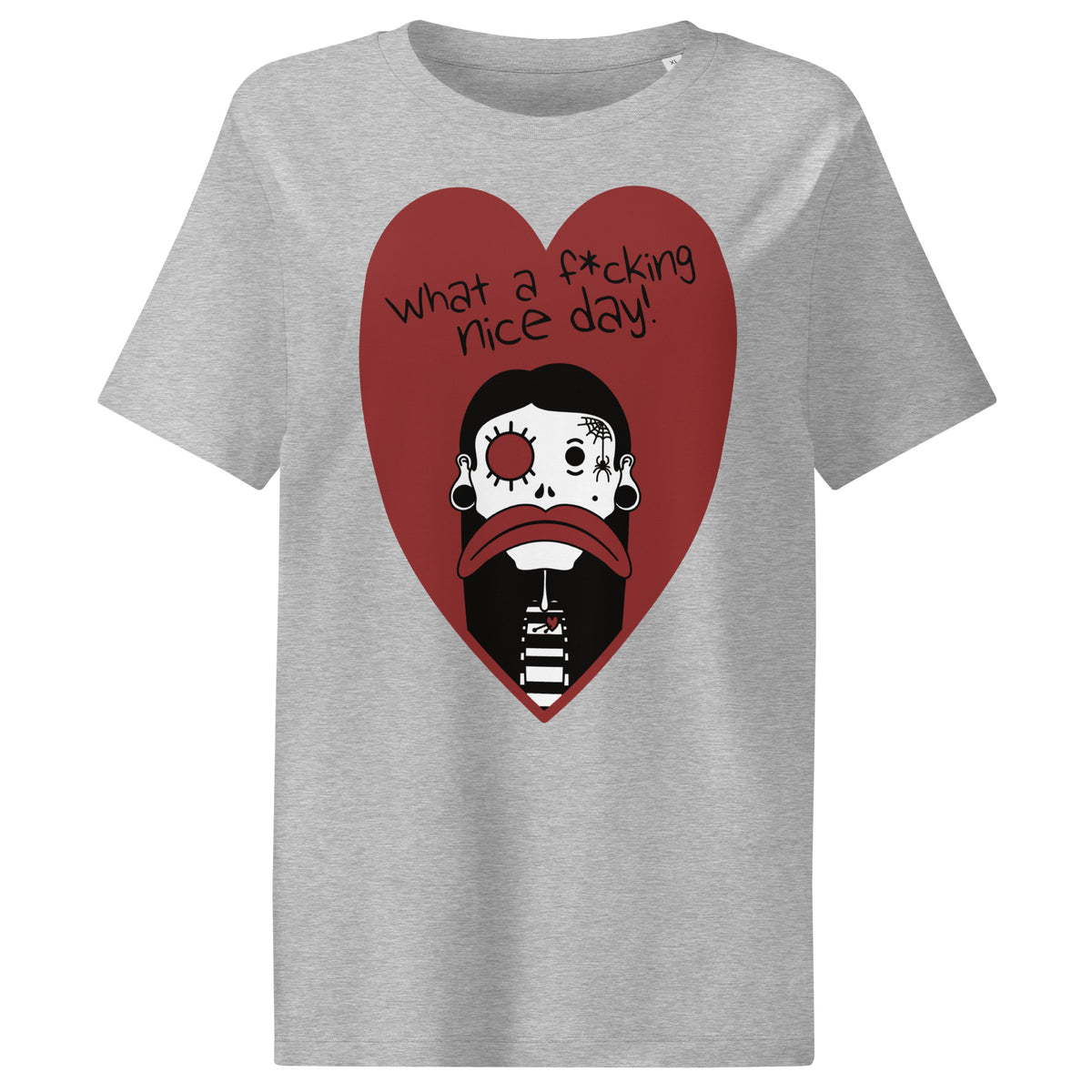 Damen-T-Shirt in Heather Grau mit Front-Print: rotes Dreieck mit Gesicht und Textgrafik