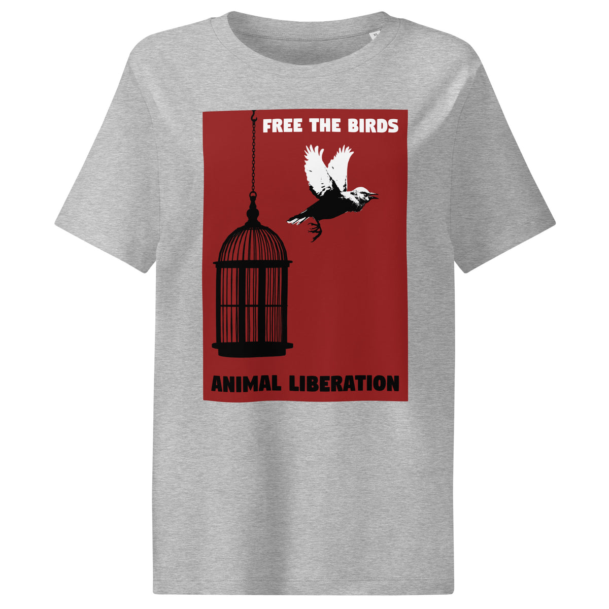 Grau meliertes Damen-T-Shirt mit Vogelkäfig-Print und rundem Halsausschnitt