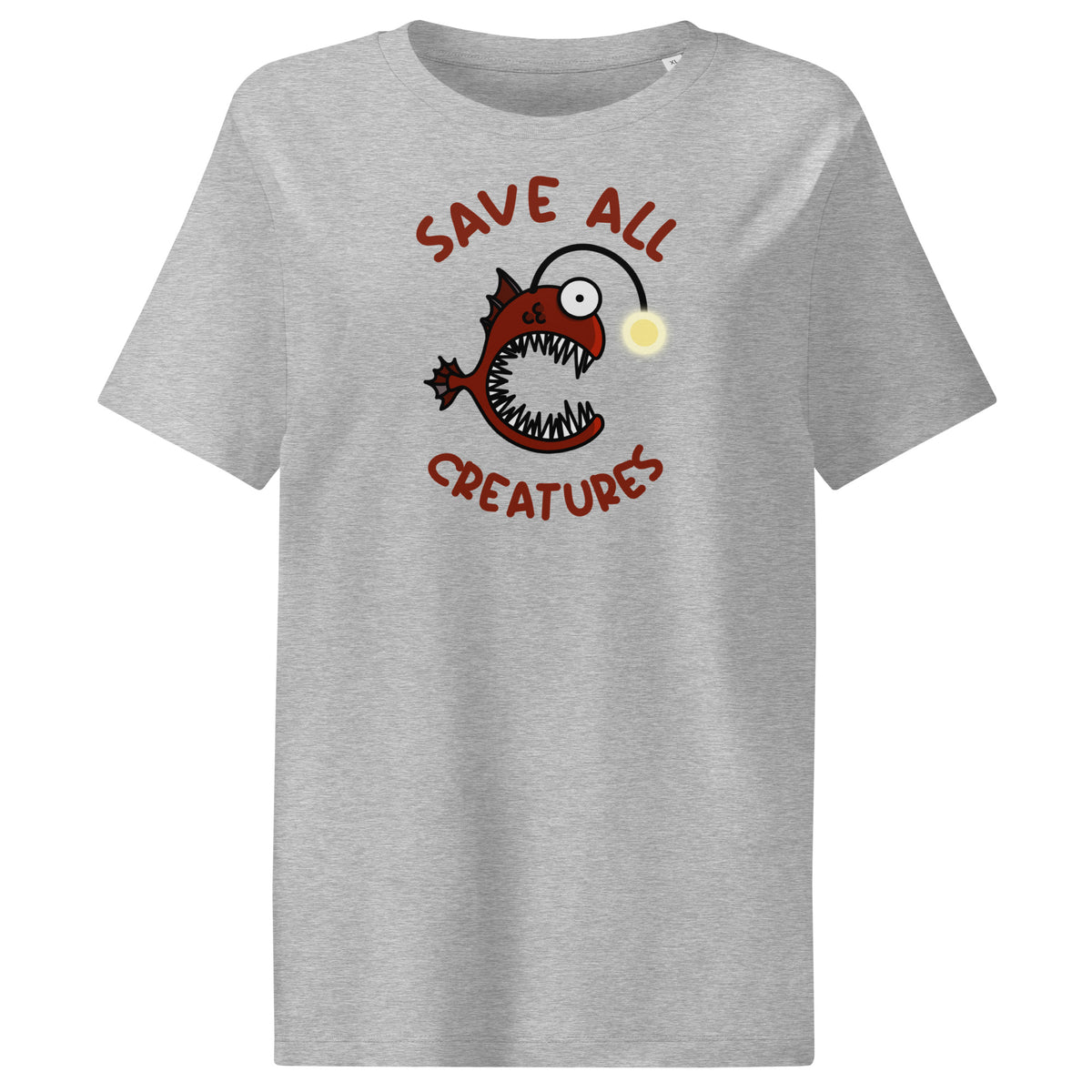 Mittelgraues Damen-T-Shirt: Froschfisch-Print im Kreis, „Save All Creatures“