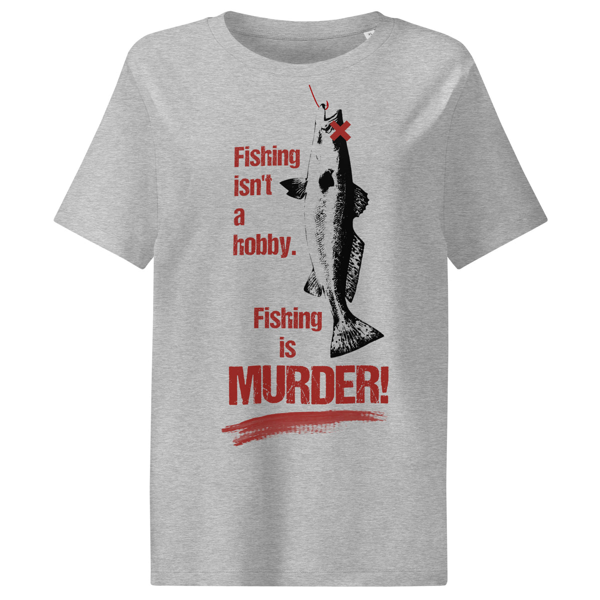 Damen-T-Shirt hellgrau mit Angler-Motiv und Aufschrift „Fishing is MURDER!“