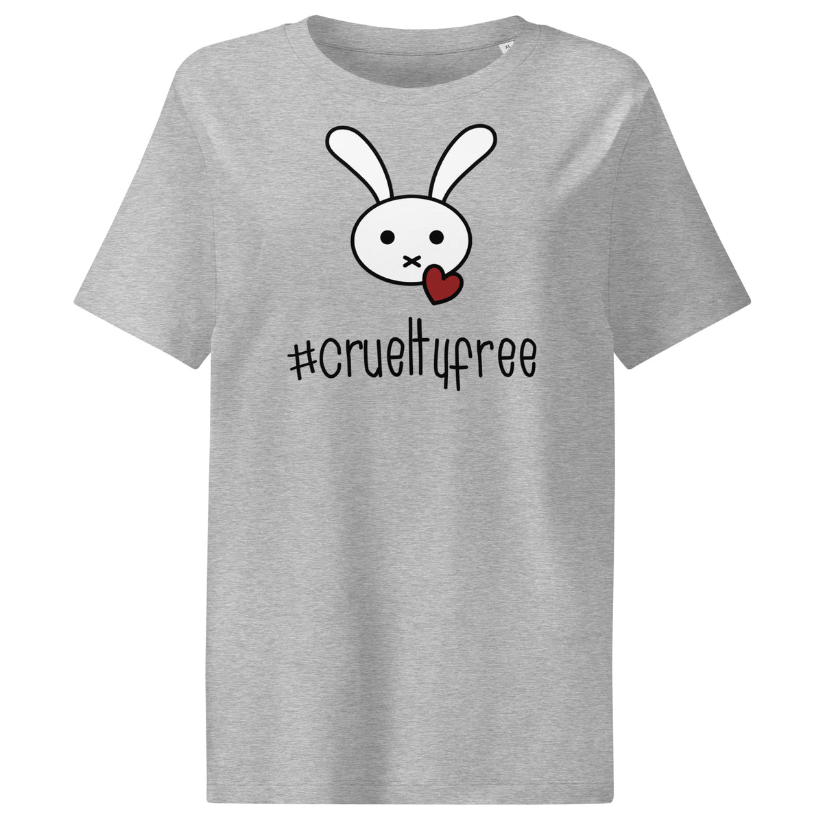 Grau meliertes Damen-T-Shirt mit Hashtag-Print #crueltyfree und Hase-Illustration vorn