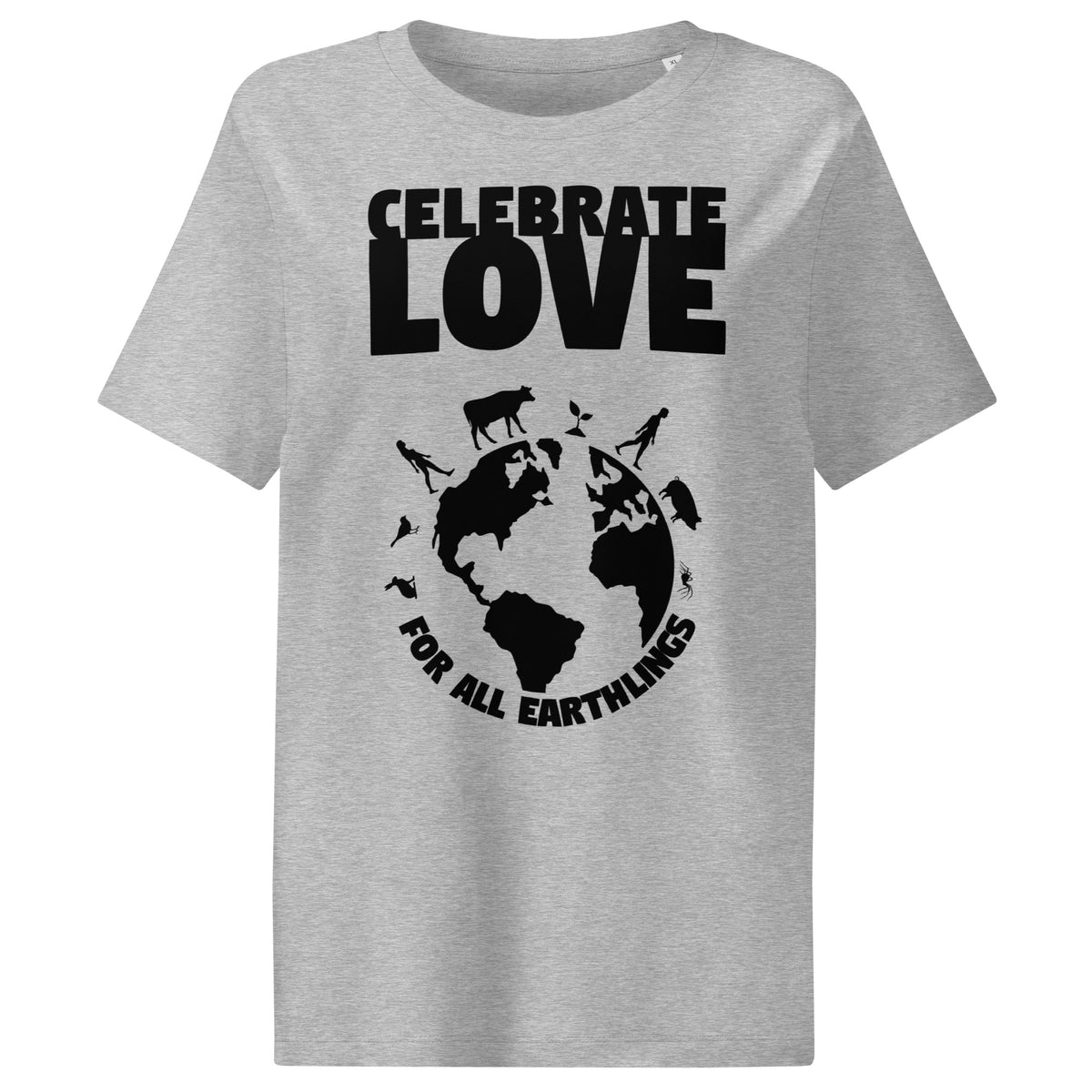 Damen-T-Shirt aus meliertem Grau mit „CELEBRATE LOVE“-Weltmotiv, Rundhalsausschnitt