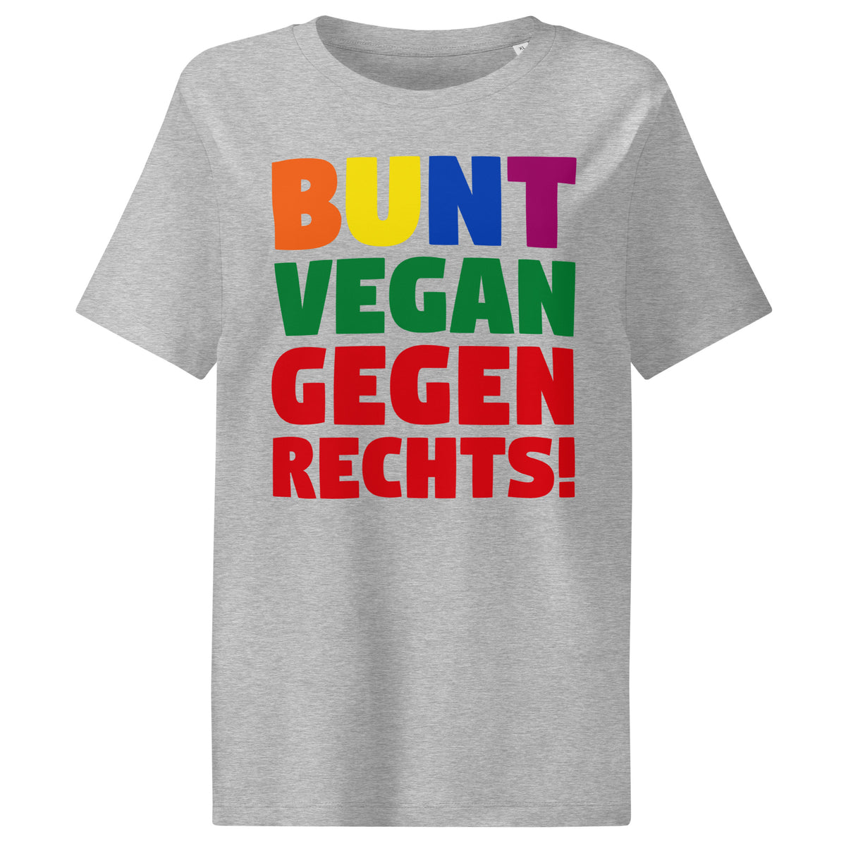 Damen-T-Shirt Heather Grau mit großem Aufdruck „BUNT VEGAN GEGEN RECHTS!“