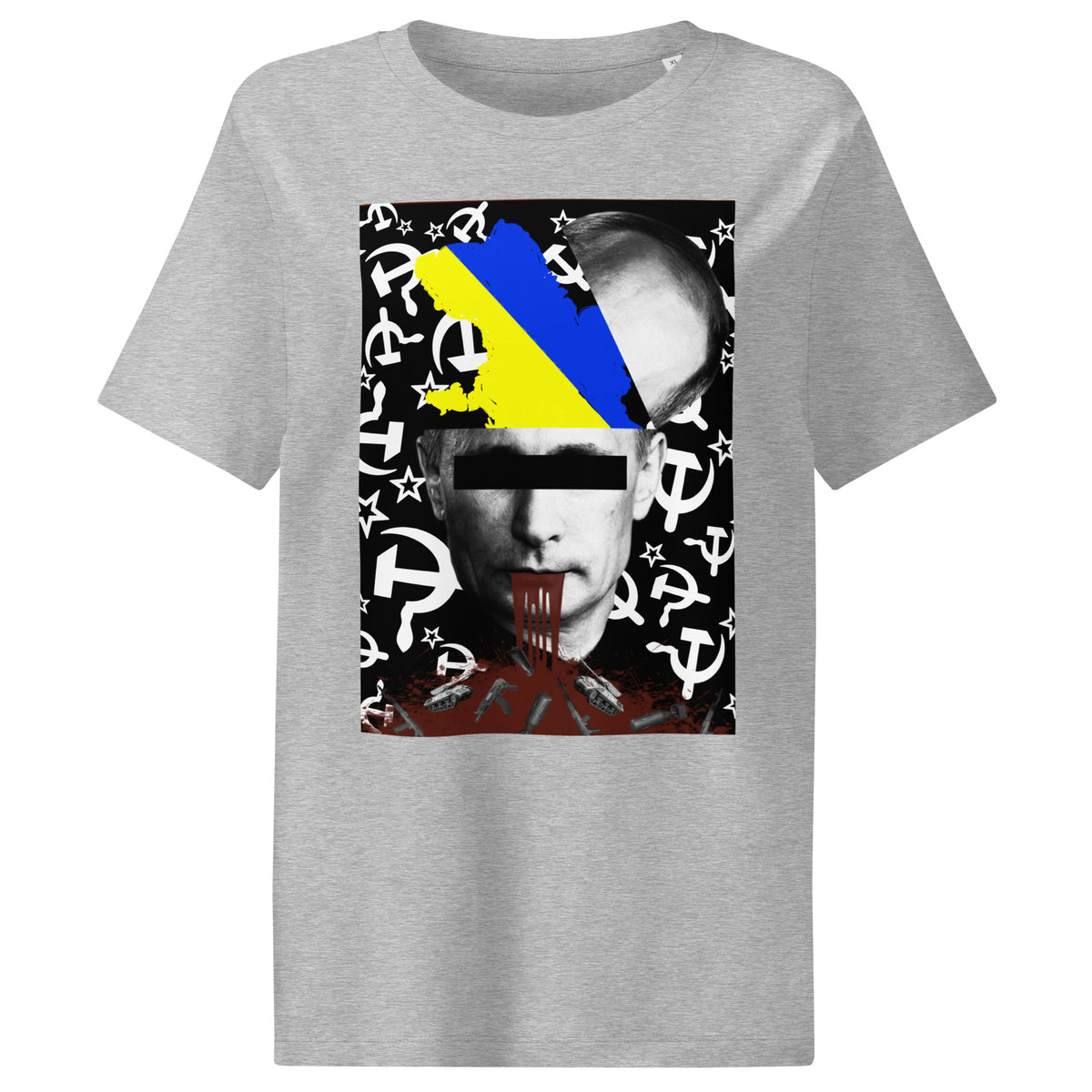 Damen-T-Shirt (Melange-Grau) mit großem Frontprint aus Flagge und Porträt