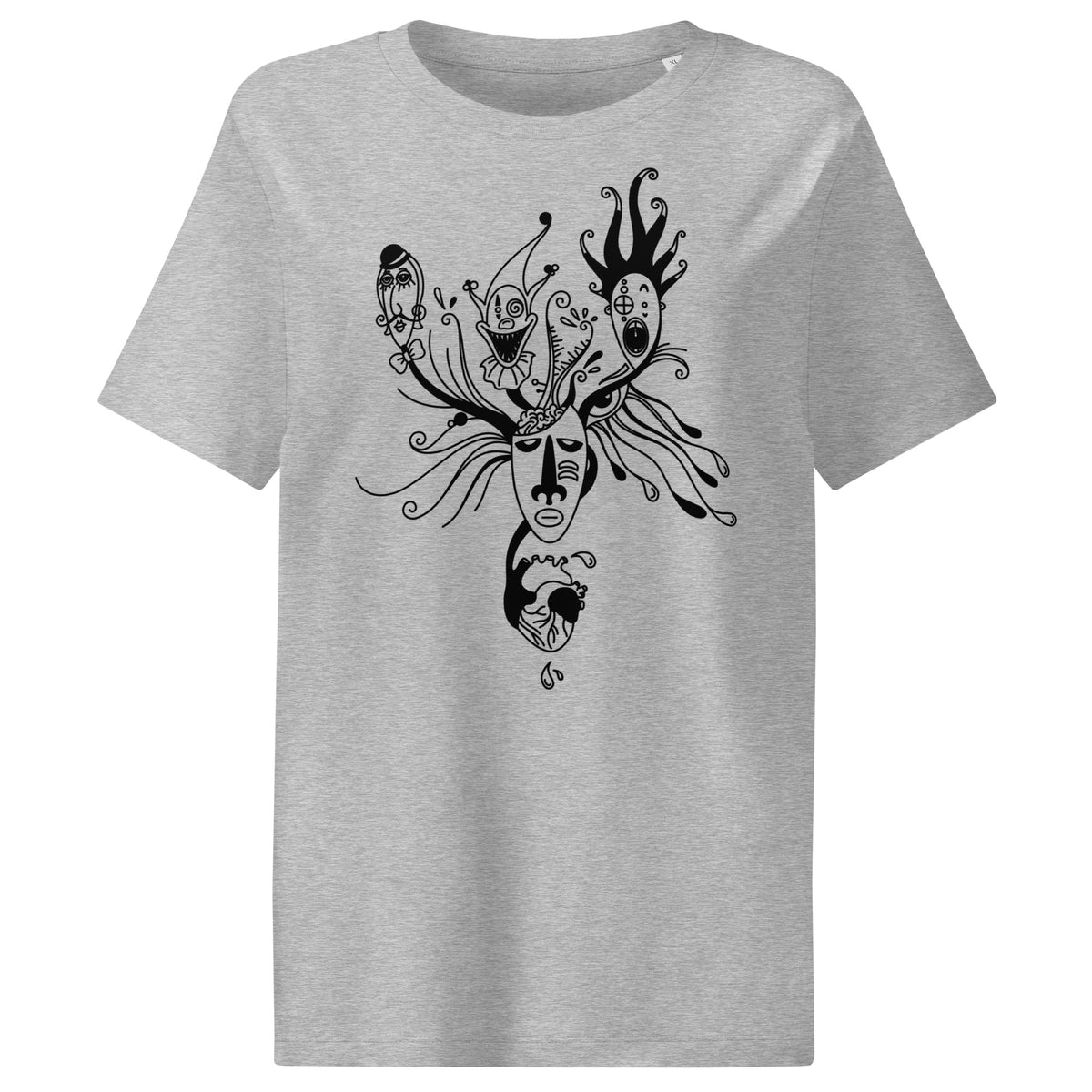 Grau meliertes Damen-T-Shirt mit schwarzem Masken-Illustrationsmotiv auf der Brust