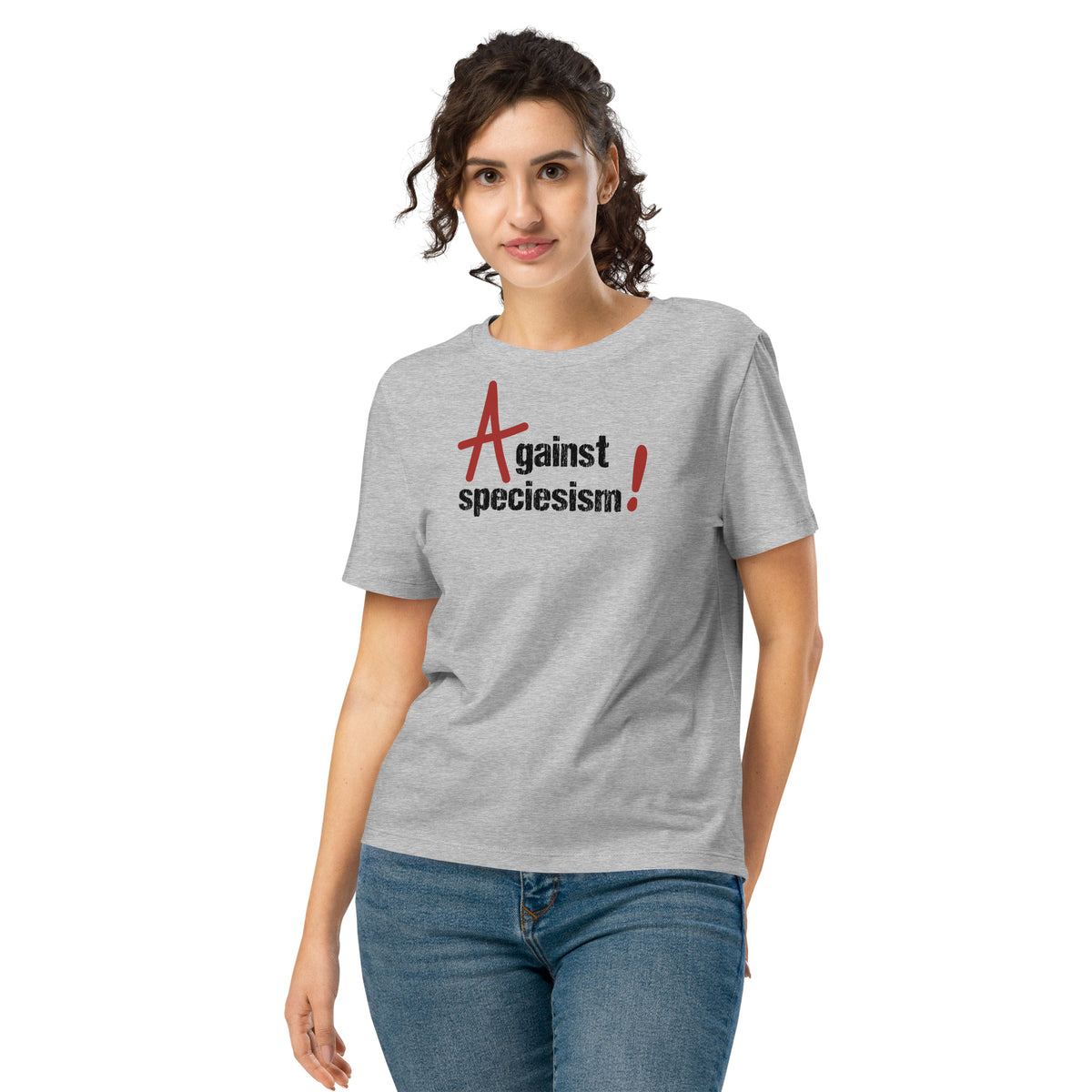 Grau meliertes Damen-T-Shirt mit Frontprint „Against speciesism!“
