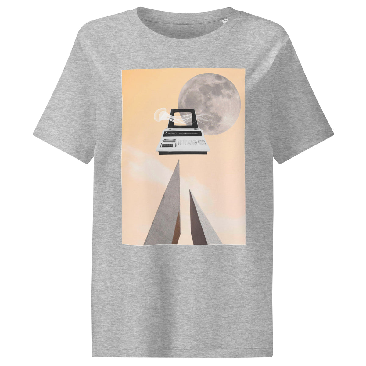 Damen-T-Shirt in Grau meliert mit großem quadratischem Grafikdruck auf der Brust