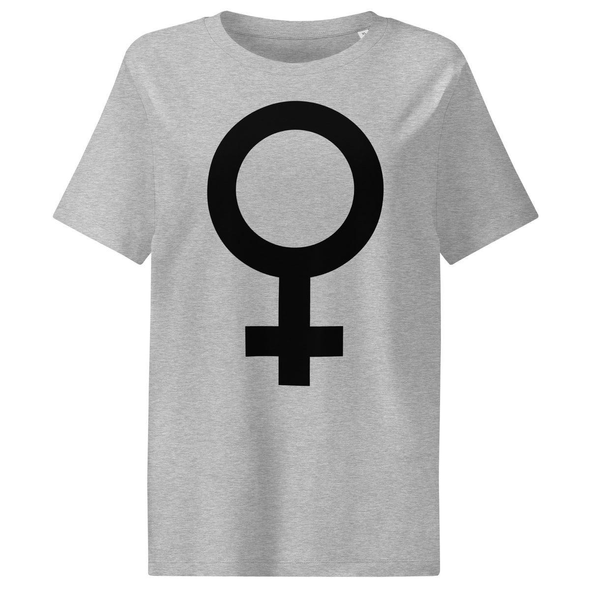 Damen-T-Shirt meliert-grau mit schwarzem Kreis-und-Symbolmotiv auf der Vorderseite