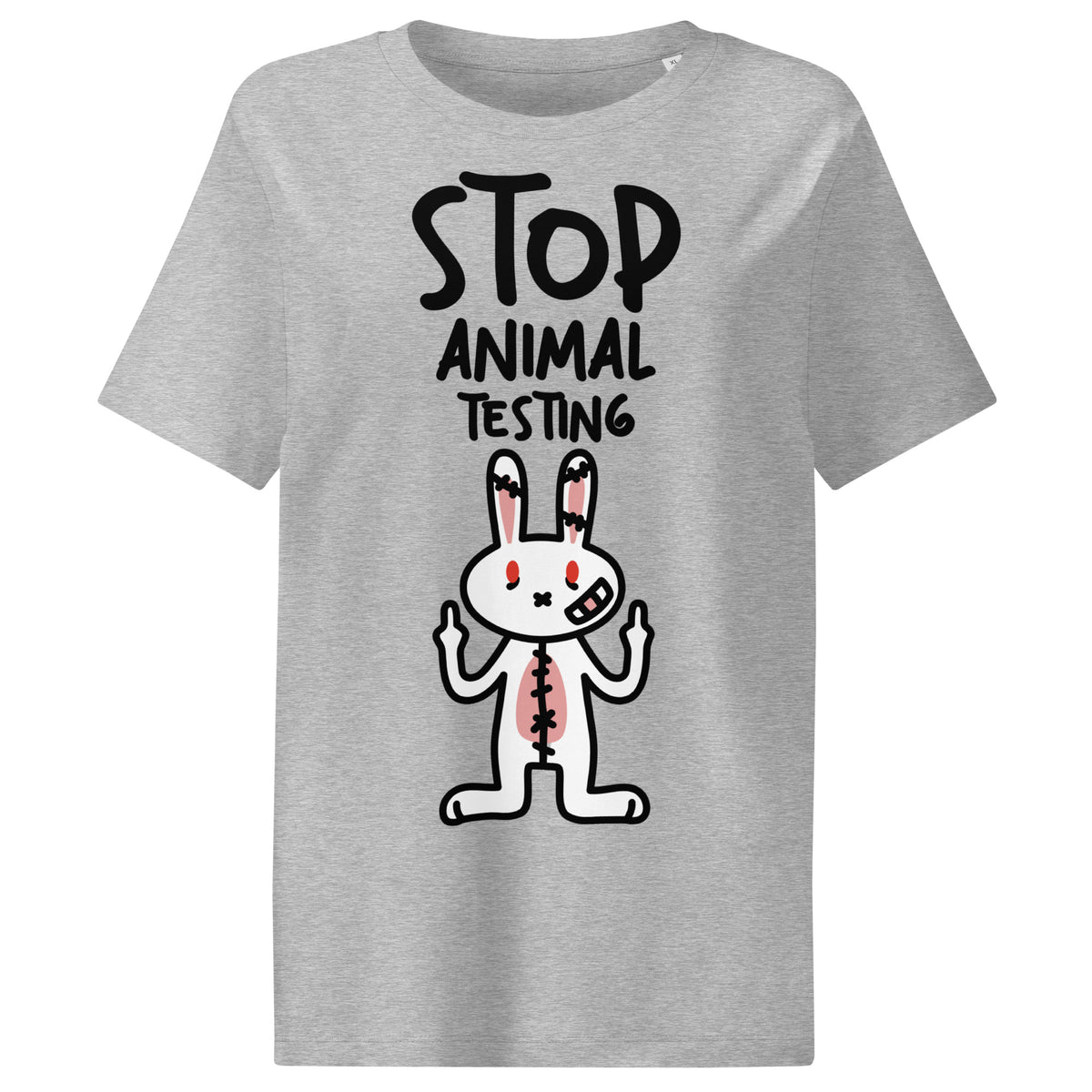 Damen-T-Shirt aus meliertem Grau mit Aufdruck „STOP ANIMAL TESTING“ und Hase