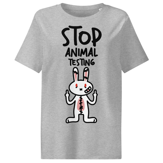Damen-T-Shirt aus meliertem Grau mit Aufdruck „STOP ANIMAL TESTING“ und Hase
