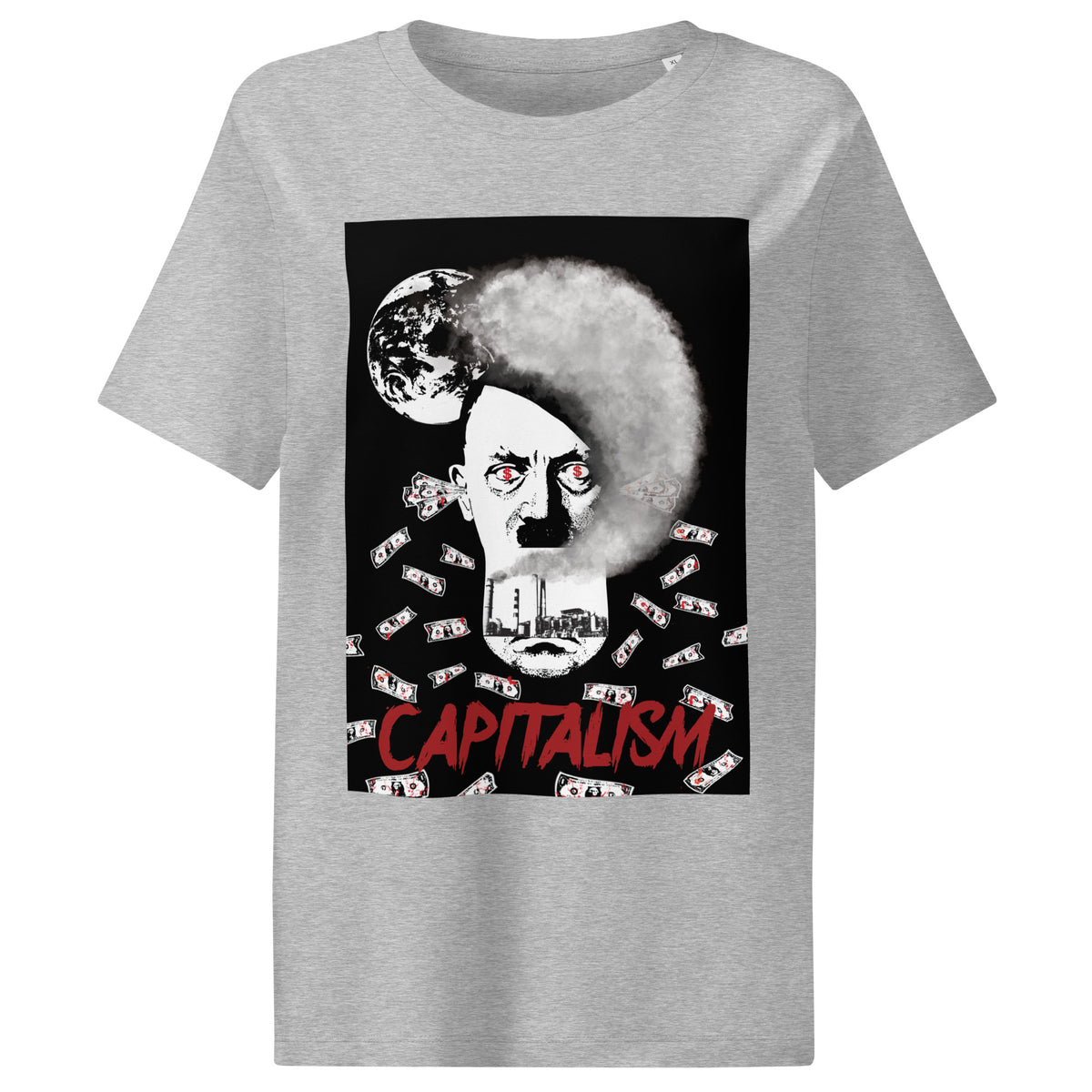 Damen-T-Shirt in Grau meliert mit Frontaufdruck „CAPITALISM“ und Porträtgrafik