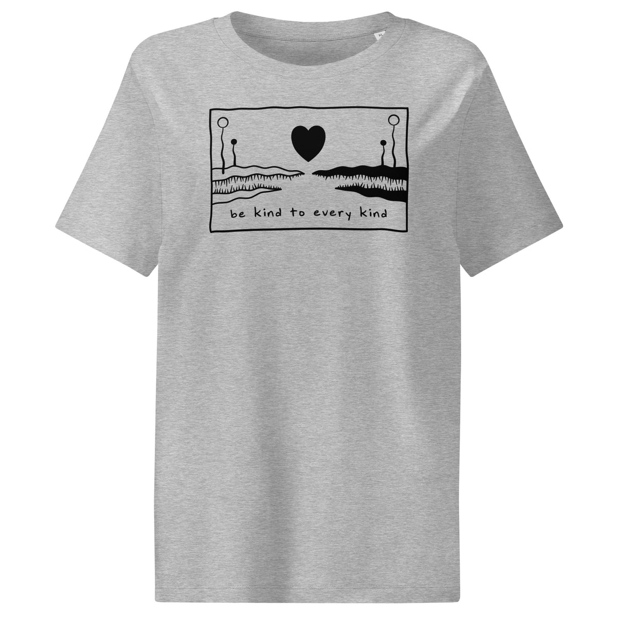 Damen-T-Shirt in kühlem Hellgrau mit Frontmotiv und Schriftzug „Be kind to every kind“